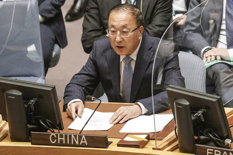 China’s United Nations Ambassador Zhang Jun address the United Nations Security Council concerning North Korea test-fire of its biggest intercontinental ballistic missile (ICBM),  Friday March 25, 2022 at U.N. headquarters. (AP Photo/Bebeto Matthews)