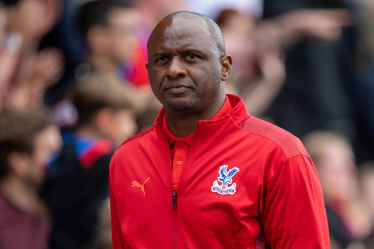 LONDON, ENGLAND - AUGUST 07: Manager Patrick Vieira of Crystal Palace looks on during the  Pre-Season Friendly between Crystal Palace and at Selhurst Park on August 7, 2021 in London, England. (Photo by Sebastian Frej/MB Media/Getty Images)