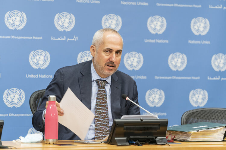 NEW YORK, UNITED STATES - 2021/09/27: Briefing by the Spokesperson for the Secretary-General Stephane Dujarric with guest Collen Vixen Kelapile President of the United Nations Economic and Social Council at UN Headquarters. (Photo by Lev Radin/Pacific Press/LightRocket via Getty Images)