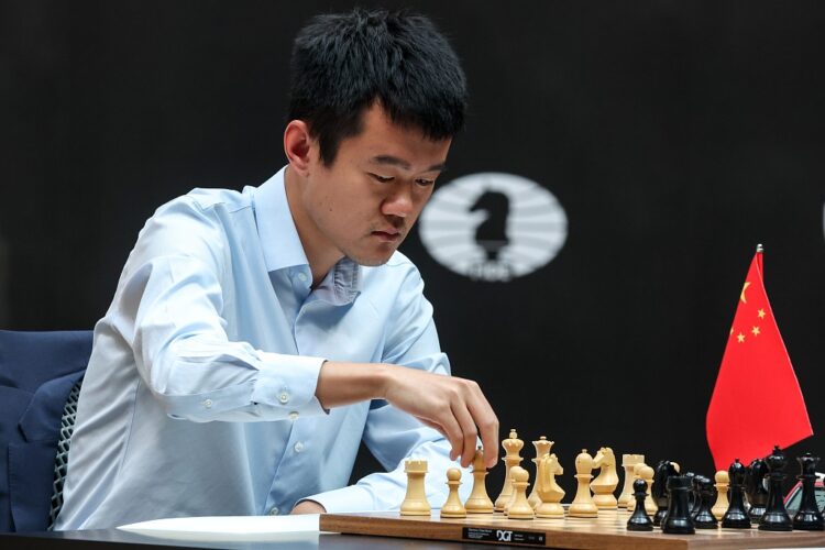 KAZAKHSTAN, ASTANA - APRIL 30, 2023: China's chess grandmaster Ding Liren plays Tie-Break 1 against his Russian rival Ian Nepomniachtchi as part of the 2023 World Chess Championship at the St Regis Astana Hotel. Sergei Fadeichev/TASS