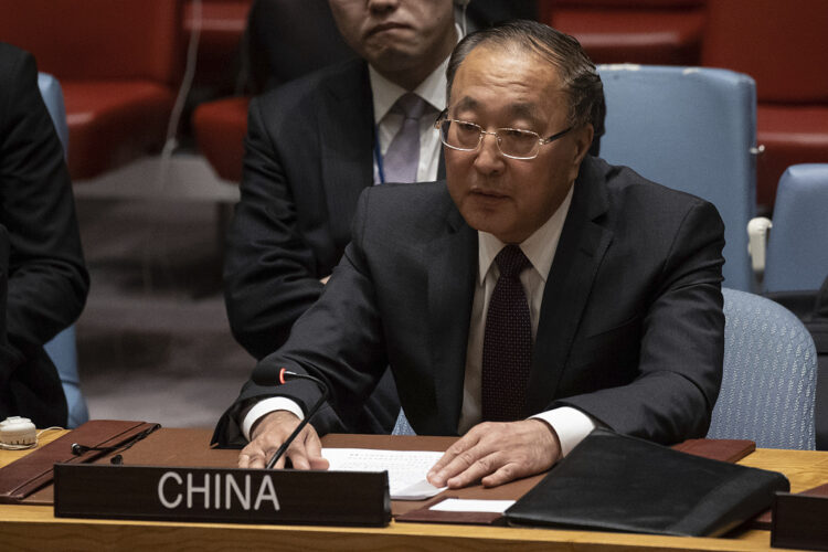 Permanent Representative of China to the United Nations Zhang Jun speaks during a Security Council meeting at United Nations headquarters, Tuesday, June 6, 2023. (AP Photo/Yuki Iwamura)