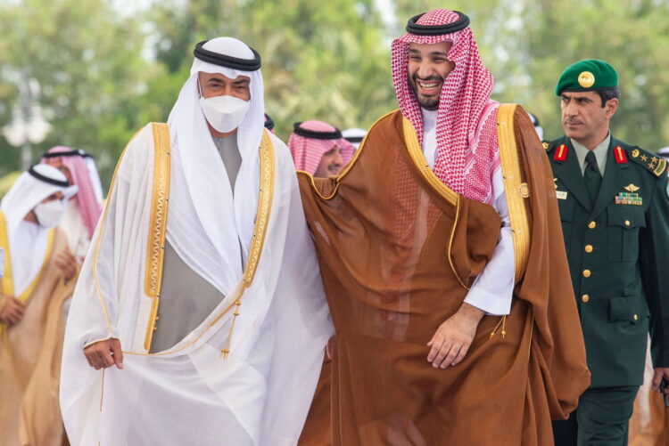 Saudi Crown Prince Mohammed bin Salman receives The President of the United Arab Emirates, Sheikh Mohammed Bin Zayed Al-Nahyan, in Jeddah, Saudi Arabia, July 16, 2022. Saudi Press Agency/Handout via REUTERS ATTENTION EDITORS - THIS PICTURE WAS PROVIDED BY A THIRD PARTY