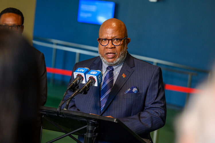Dennis Francis, President-elect of the seventy-eighth session of the United Nations General Assembly and Permanent Representative of the Republic of Trinidad and Tobago to the United Nations, briefs reporters after being elected President of 78th UN General Assembly.