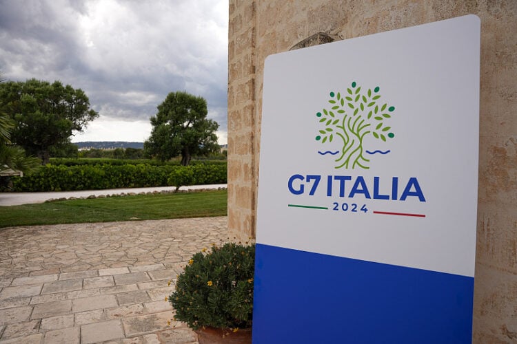 A G7 Italia logo on the opening day of the Group of Seven (G-7) leaders summit at the Borgo Egnazia resort in Savelletri, Italy, on Thursday, June 13, 2024. Group of Seven leaders are set to reach a political agreement to provide Ukraine with $50 billion of aid using the profits generated by frozen Russian sovereign assets, according to an Elysee official. Photographer: Francesca Volpi/Bloomberg