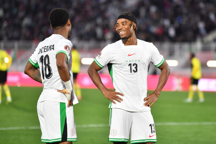 Raphael Onyedika of Nigeria celebrates goal with teammates during the 2025 Africa Cup of Nations AFCON match between Uganda and Nigeria at Complexe Sportif de Fes in Fez, Morocco on 30 December 2025 ©Abd El Kader Cherradi/BackpagePix