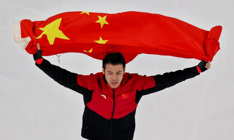 NING Zhongyan of China celebrates after finishing the men's speed skating 1500m at the Milano Cortina 2026 Olympic Winter Games, at the Milano Speed Skating Stadium in Italy on February 19, 2026. NING won a gold medal with a new Olympic record of 1:41.98. ( The Yomiuri Shimbun via AP Images )