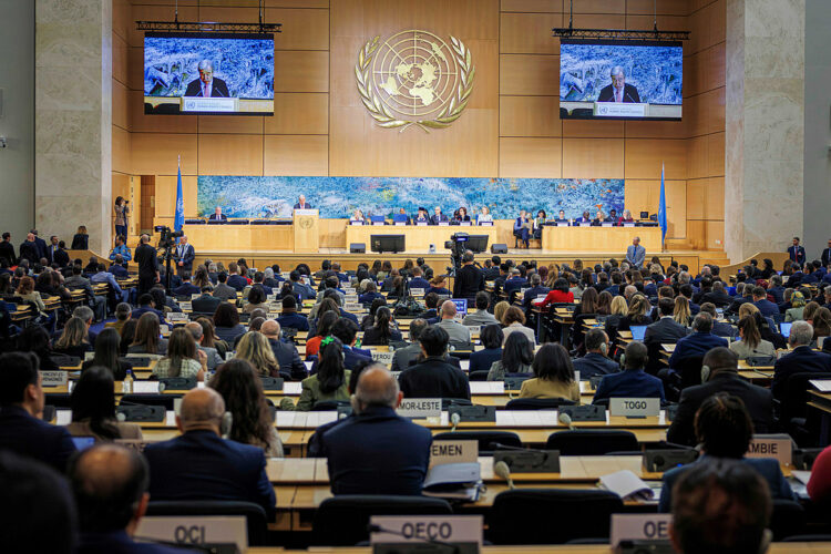 Sin U.N. Secretary-General Antonio Guterres speaks during the opening of the 61st session of the United Nations Human Rights Council at the European headquarters of the United Nations in Geneva, Monday, Feb. 23, 2026. (Valentin Flauraud/Keystone via AP)