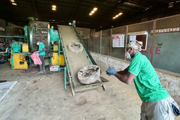 Discarded tyres being processed at the Freee Recycle factory. 2 April 2024. Ibadan, Nigeria. Photo by Zaniel Dada, bird story agency.