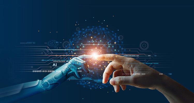 Tunani AI, Machine learning, Hands of robot and human touching on big data network connection background, Science and artificial intelligence technology, innovation and futuristic.