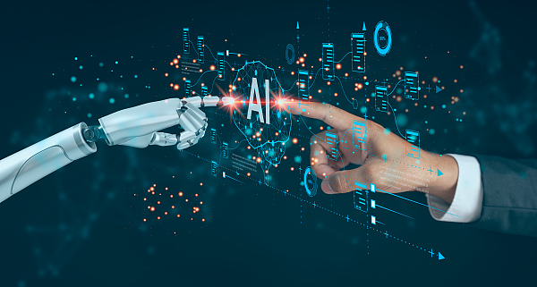 AI A man interacts with a smart robot, utilizing AI and machinelearning to facilitate deep learning and data exchange, showcasing the synergy of human and artificial intelligence